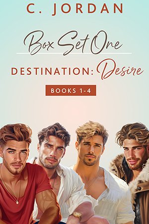 A blue/pink book cover with a color-wash background and four handsome men at the bottom.